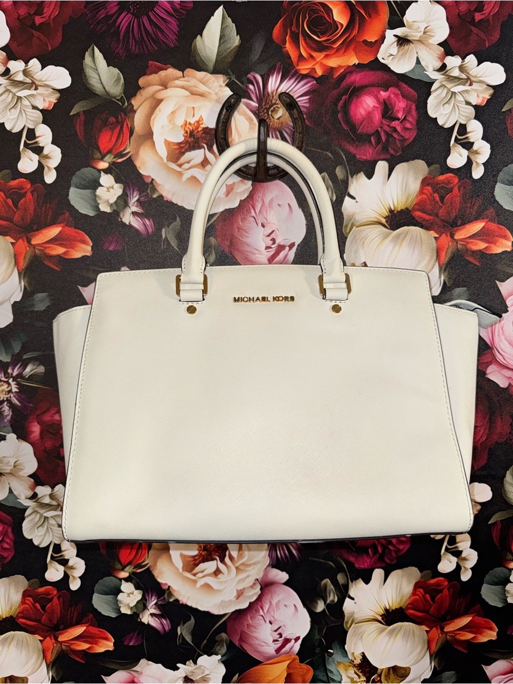 Michael Kors White Saffiano Leather Satchel with Gold Hardware
